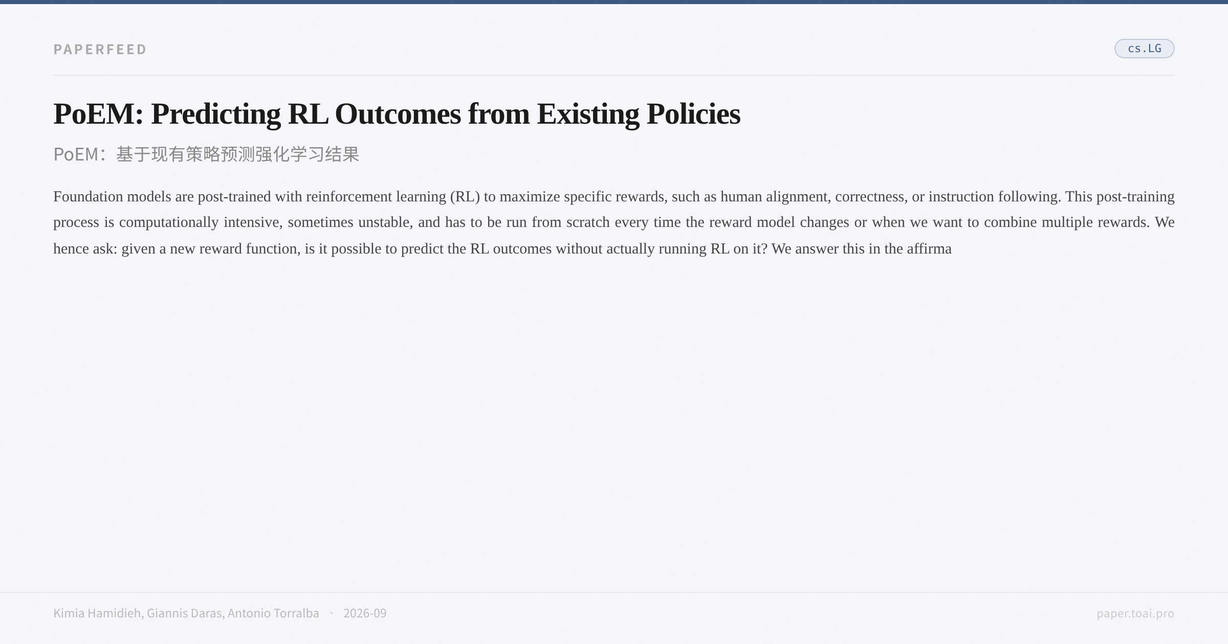 PoEM: Predicting RL Outcomes from Existing Policies