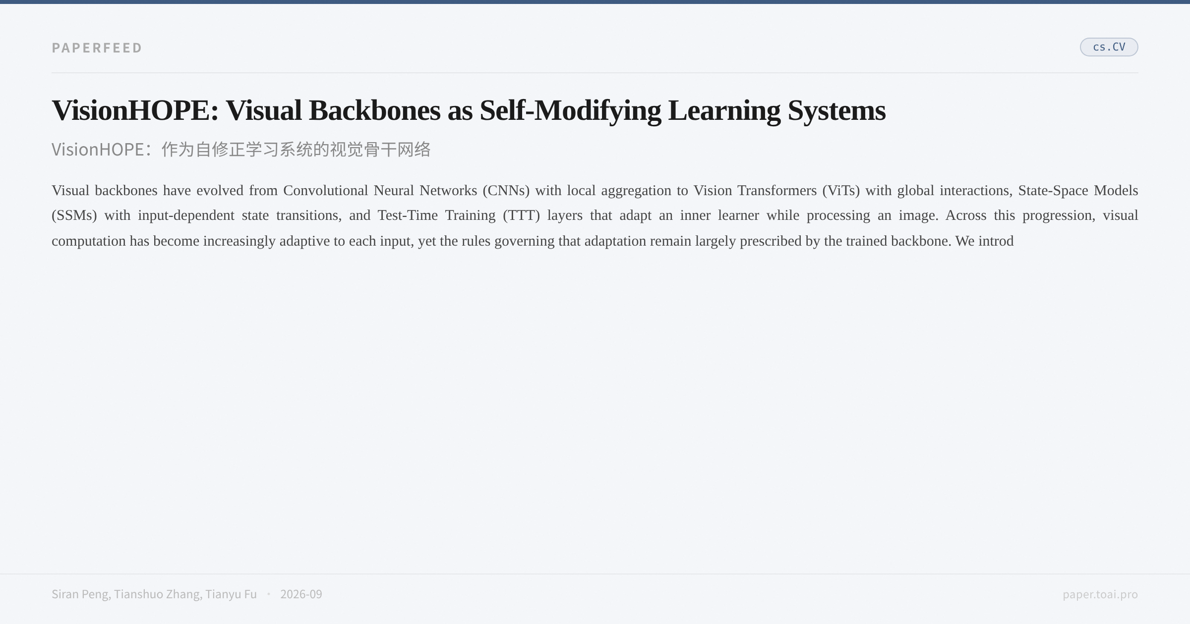 VisionHOPE: Visual Backbones as Self-Modifying Learning Systems
