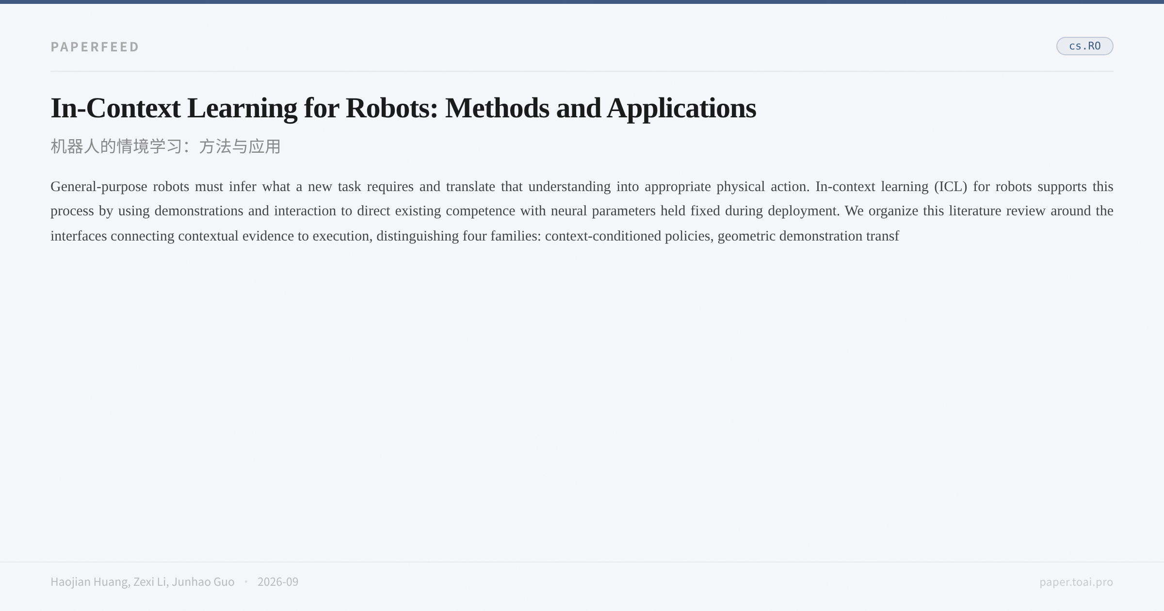 In-Context Learning for Robots: Methods and Applications