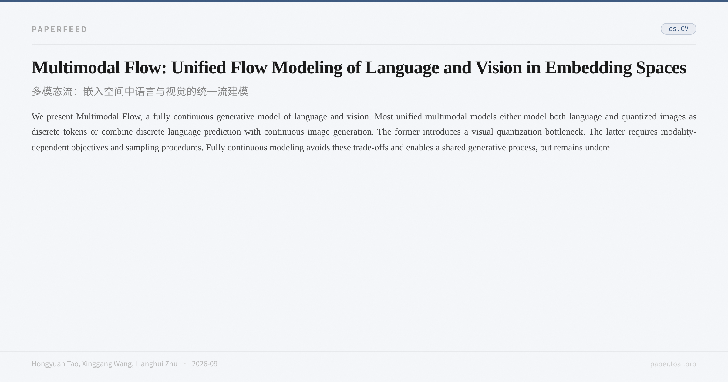 Multimodal Flow: Unified Flow Modeling of Language and Vision in Embedding Spaces